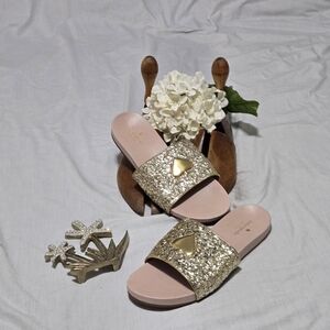 KATE SPADE Gold Glitter Heart Slide Sandals 365